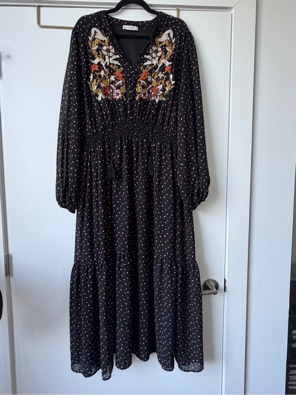 Black Floral Embroidered Maxi Dress with Smocked Waist